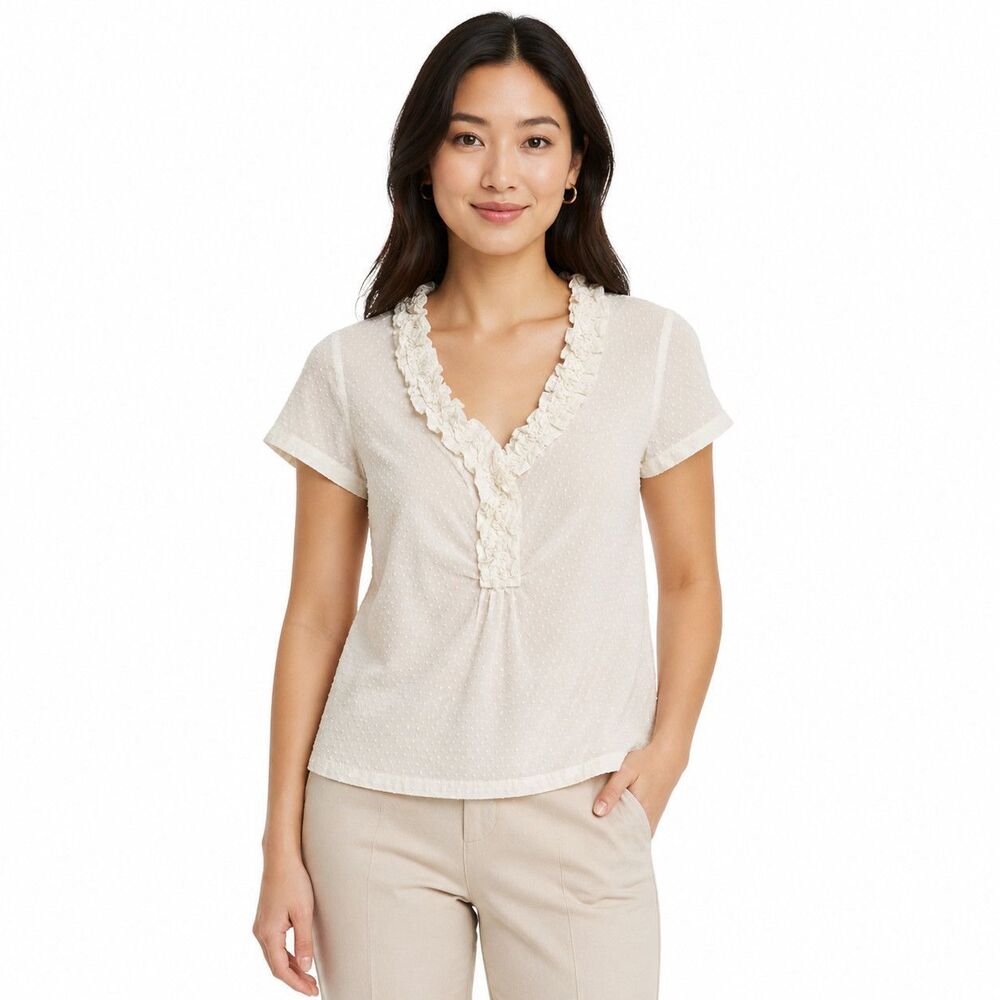 Talbots Blouse Womens Petite 8P White Ruffle V Neck Swiss Dot Short Sleeve Top